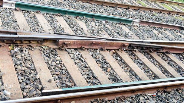 Concrete Indian Railways track. Railway tracks in India. Close Up. Howrah Railway Station, India May 2019 - 写真・画像