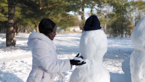 Afro-Amerikaanse vrouw maakt sneeuwpop in de winter natuur - Video