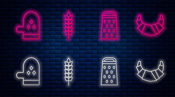 Set-Line-Getreide mit Reis, Weizen, Mais, Hafer, Roggen, Reibe, Backhandschuh und Croissant. Leuchtende Neon-Ikone an der Ziegelwand. Vektor - Vektor, Bild
