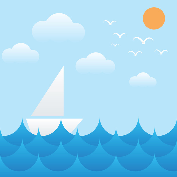 boat at sea waves,sun,sky and cloud - Vector, afbeelding