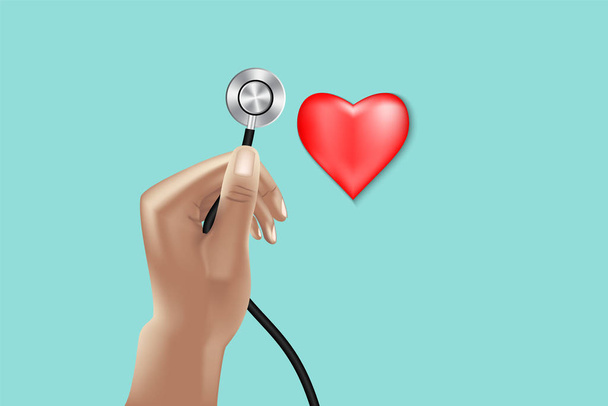 Orvosi kéz tartja sztetoszkóp ellenőrzésére egészség vörös szív, orvosi egészségügyi és orvos orvos koncepció. Vizsgálat Beteg Kardiológia sztetoszkópos berendezéssel, illusztráció. - Vektor, kép