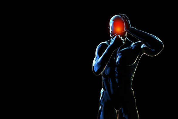 Zieke man met pijn, hoofdpijn, migraine, stress, slapeloosheid, kater in de hand te houden hoofd in 3D illustratie vooraanzicht geïsoleerd op zwarte achtergrond - Foto, afbeelding