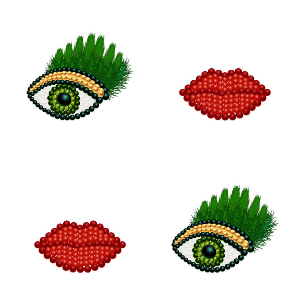 赤い唇と緑の羽を持つ目の形でビーズワークと真珠。目や唇の形で服のパッチやブローチ.3Dベクトルイラストファッションアクセサリーの個人的なデザイン. - ベクター画像