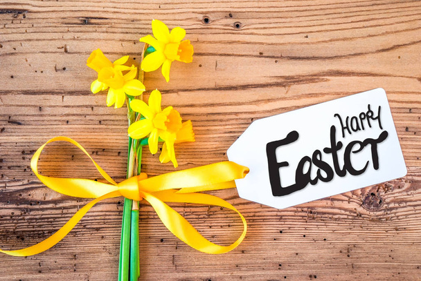 Yellow Narcissus Flower, Label, Calligraphy Happy Easter - 写真・画像