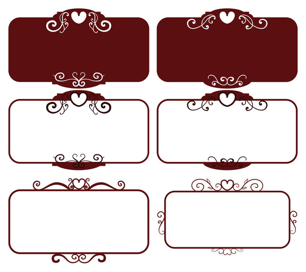 Set dark red vintage frames, design elements. Sketch hand drawn. Decorative border with heart for valentine - Vetor, Imagem