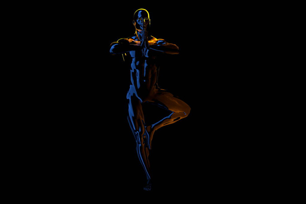 3d man doing yoga exercise in tree pose isolated on black background - Fotoğraf, Görsel