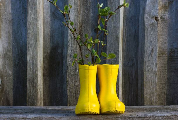 Spring bouquet of tree branches in yellow boots, on a gray wooden background. the concept of spring and gardening. - Foto, afbeelding