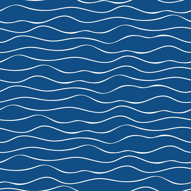 Vector abstract hand drawn white doodle ocean waves. Seamless geometric pattern on navy blue background. Great for marine, nautical themed products, spa, wellness, beauty, stationery, giftwrap - Wektor, obraz