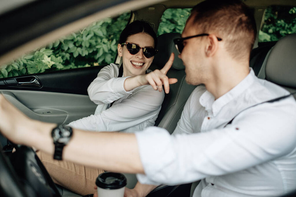 Happy Traveling Couple Together Enjoying Road Trip, Vacation Concept, Holidays Outside the City, Two Cheerful People - Photo, Image