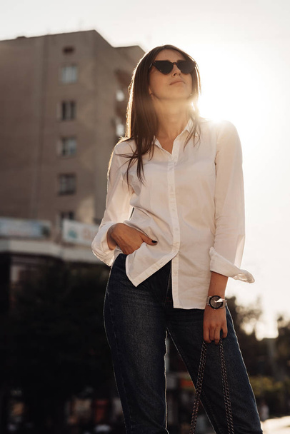 Close Up Portrait of One Fashionable Girl Dressed in Jeans and White Shirt, Business Lady, Woman Power Concept - Foto, Imagem