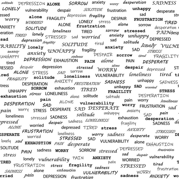Typografie naadloos patroon met negatieve emoties zoals frustrerend - Vector, afbeelding