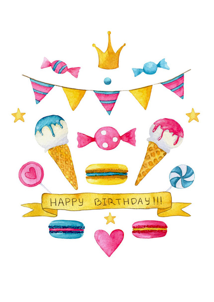 Cartaz estilizado alegre brilhante composto de sorvete, macaroons, doces, pirulitos, estrelas, corações, coroas de uma saudação de aniversário
 - Foto, Imagem