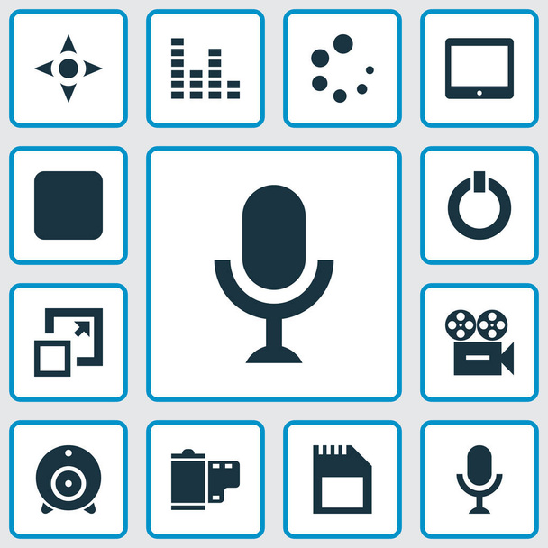 Multimedia iconen set met sd kaart, audio mixer, tablet en andere karaoke elementen. Geïsoleerde vectorillustratie multimedia iconen. - Vector, afbeelding