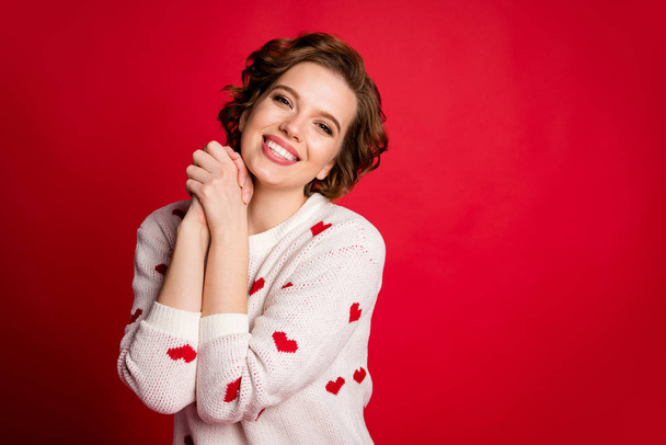 Portrait of adorable romantic girlfriend enjoy 14-february date fists hands together wear good look clothing isolated over shine color background - Fotografie, Obrázek