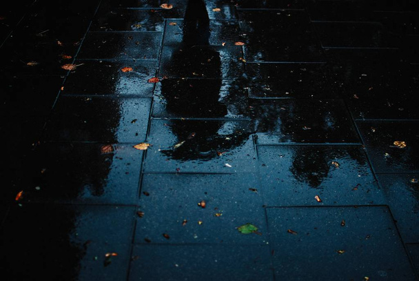 Blurry reflection of a person on the wet sidewalk - Fotografie, Obrázek