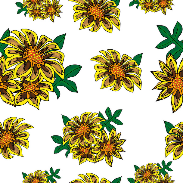 Seamless pattern with beautiful hand drawn gazania flowers. Vector doodle isolated on white background. - Vector, Imagen