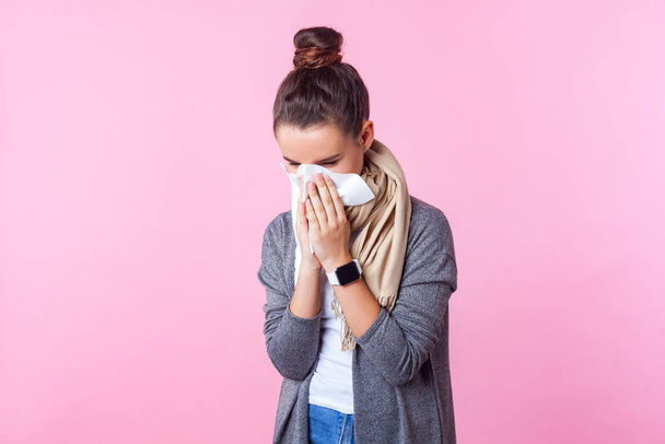 Flu season. Portrait of sick brunette teenage girl wearing pullo - Foto, imagen