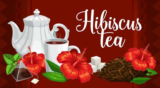 Herbal tea, hibiscus flower, teabags and teapot - Vector, Image