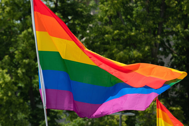 Bandeira do arco-íris apoiando a comunidade LGBT em evento de desfile gay. Bandeira colorida na multidão durante a celebração do orgulho gay
 - Foto, Imagem