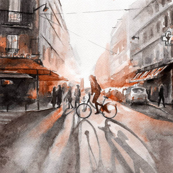 Dawn in de stad. fietser. aquarel  - Foto, afbeelding