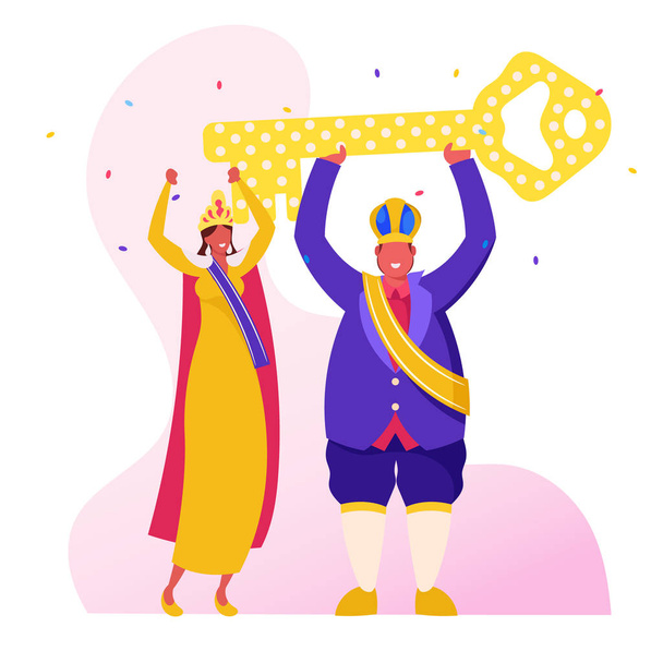頭の上に巨大な黄金の鍵を保持する祭りのロイヤルドレッシングとクラウンを身に着けているリオカーニバルキング、カラフルなドレスや受賞者にポーズをとるブラジルの女の子ダンサーリボン漫画フラットベクトルイラスト - ベクター画像