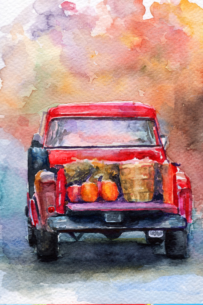 Őszi szüret. Vörös kocsi. Tökfej. akvarell - Fotó, kép
