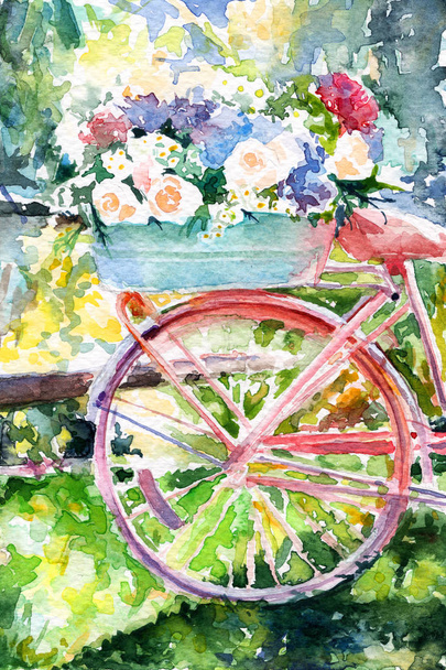 bike with flowers. roses hydrangea. vintage.  sunny. spring Summer . watercolor - Photo, Image