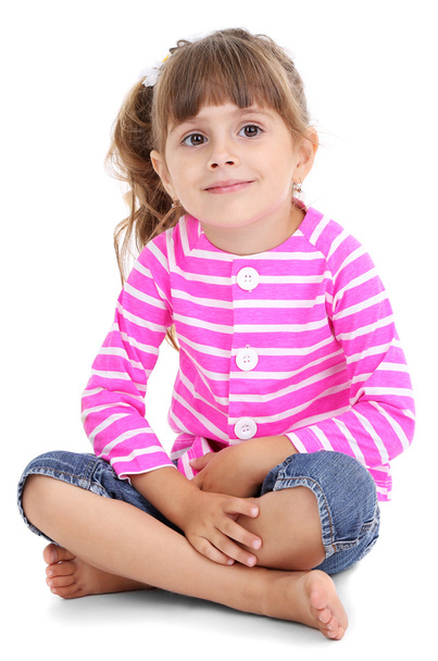 Little girl sitting on floor isolated on white - Фото, зображення