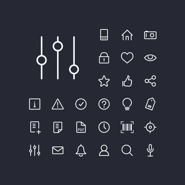 Szűrő ikon készlet, fehér alapon. Univerzális lineáris ikonok-hoz pókháló és mozgatható app. - Vektor, kép