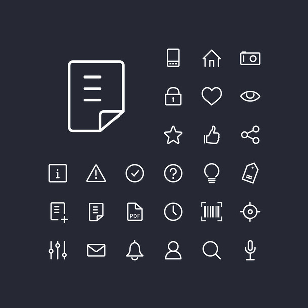 Document icon in set on the green background. Universal linear icons to use in web and mobile app. - Vector, Image