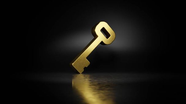 złoty metalowy symbol klucza renderowania 3d z rozmytym odbiciem na podłodze z ciemnym tłem - Zdjęcie, obraz