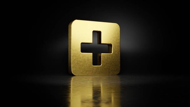 Gold-Metall-Symbol von plus quadratischem 3D-Rendering mit verschwommener Reflexion auf dem Boden mit dunklem Hintergrund - Foto, Bild