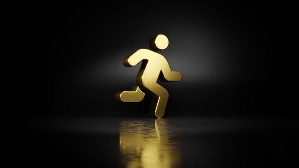 Gold-Metall-Symbol für das laufende 3D-Rendering mit verschwommener Reflexion auf dem Boden mit dunklem Hintergrund - Foto, Bild