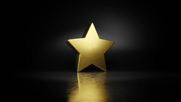 zlatý kovový symbol hvězdného 3D provedení s rozmazaným odrazem na podlaze s tmavým pozadím - Fotografie, Obrázek