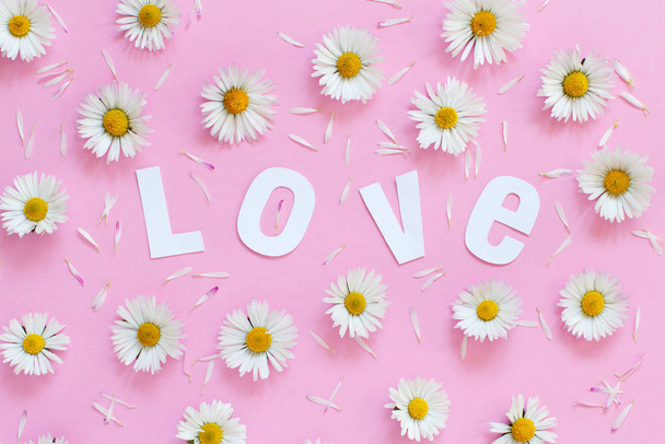 Bílé sedmikrásky a text Láska na světle růžovém pozadí - Fotografie, Obrázek