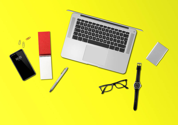 Office desk mockup top view isolated on yellow - Фото, изображение