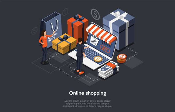 Isometric Online Shopping Concept. Zákazníci si objednávají a kupují zboží na obrazovce notebooku. Online nákup dárků, Dárkové shop aplikace, Mobilní nákupní koncepce. Vektorová ilustrace - Vektor, obrázek