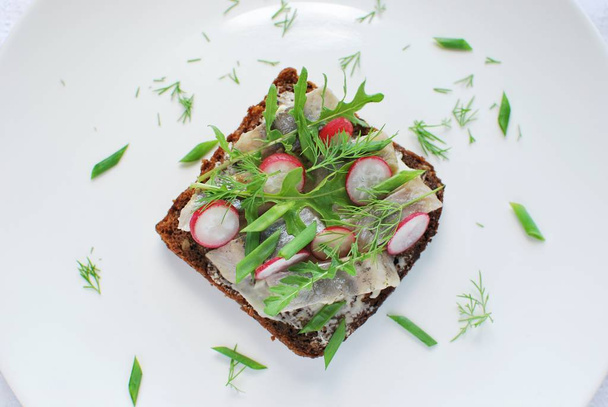 Vista superior de smorrebrod sanduíche aberto dinamarquês com arenque, rabanete, arugula
. - Foto, Imagem