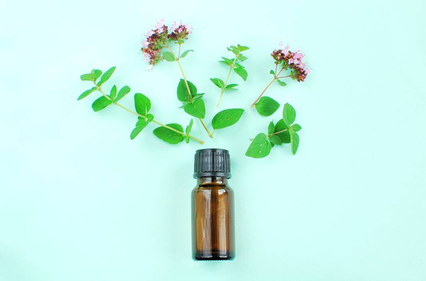 Brown bottle with essential oil and fresh herbs - Photo, Image