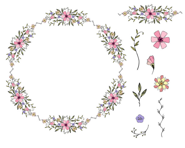 wreath of summer flowers and elements for your design - Vektor, Bild