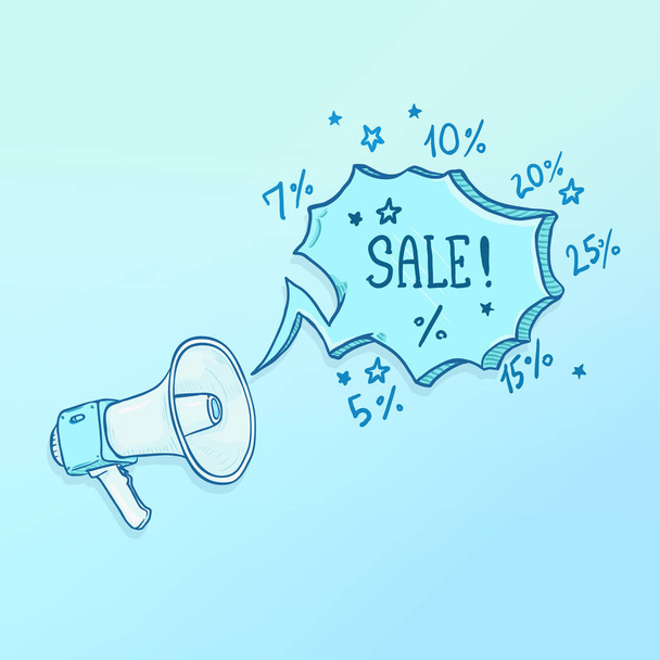 Διάνυσμα Cartoon Blue Loudspeaker με πώληση φυσαλίδων κειμένου. - Διάνυσμα, εικόνα