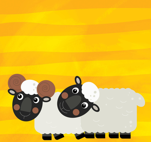 cartoon scene with farm animals family of sheep on yellow stripes illustration for children - Fotoğraf, Görsel