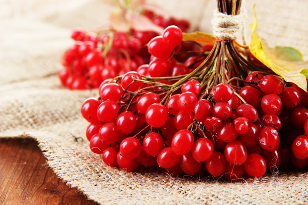 Red berries of viburnum on sackcloth napkin, on wooden background - Фото, зображення