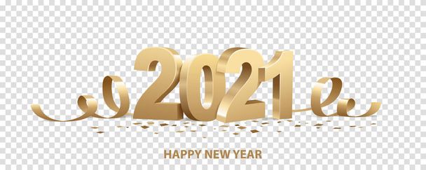 Šťastný Nový rok2021. Zlatá 3D čísla se stuhami a konfetami, izolované na průhledném pozadí. - Vektor, obrázek