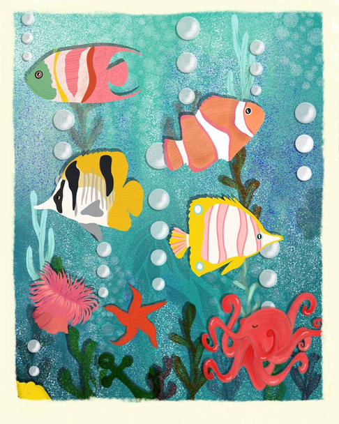 Karta z ośmiornicą, rybami, rozgwiazdy i algami. - Zdjęcie, obraz