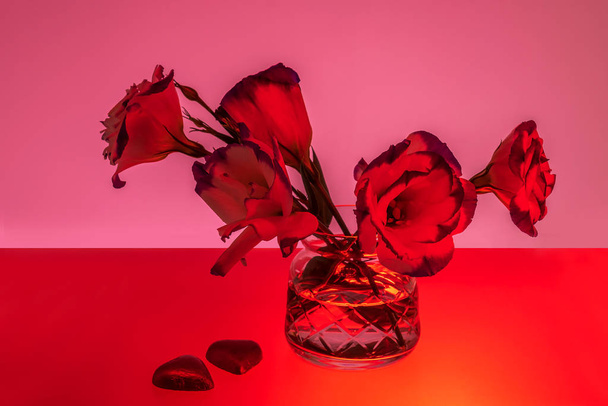 rot gefärbtes Bild von Blumen in der Vase und herzförmigen Süßigkeiten - Foto, Bild