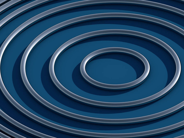 Abstract 3D-weergave van glimmende koude metalen ringen die de aandacht vestigen. Klassieke blauwe bg - Foto, afbeelding