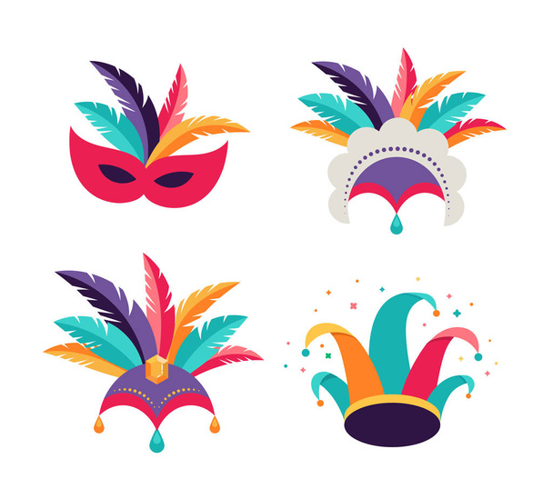 Carnaval, fête, fond Pourim. Masques, chapeau de clown, coiffe de danseuse
 - Vecteur, image