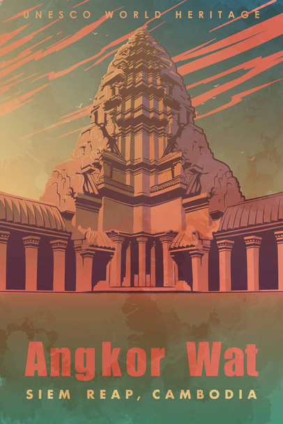 Il fulcro del tempio di Angkor Wat. Panorama del tramonto. Manifesto vintage
 - Vettoriali, immagini