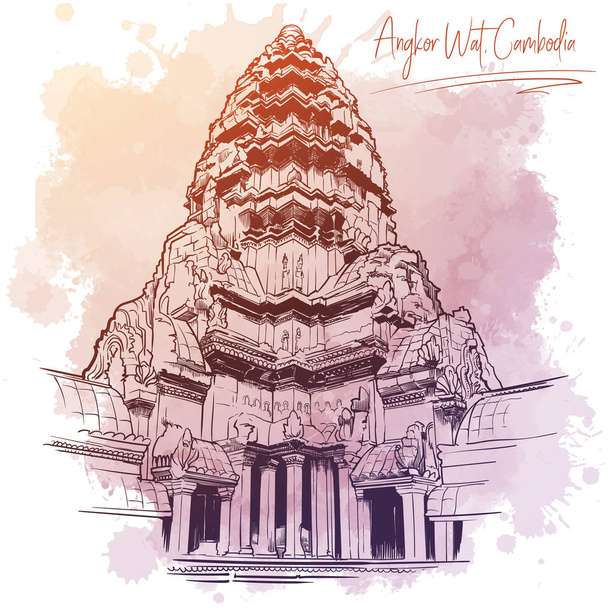 Centerpiece of the Angkor Wat temple. Linear drawing isolated on a grunge watercolor spot - Vector, Image
